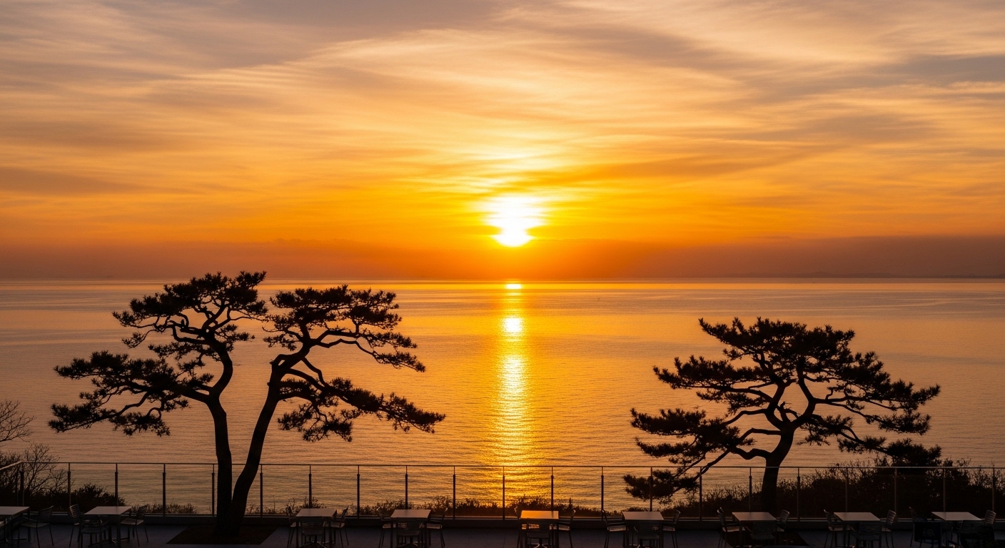 淡路島の夕日スポットとして人気の西海岸から望む、瀬戸内海に沈む黄金色の美しいサンセット