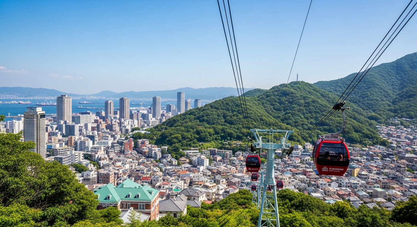 新神戸観光モデルコースの象徴である布引ハーブ園のロープウェイと北野異人館街の街並み