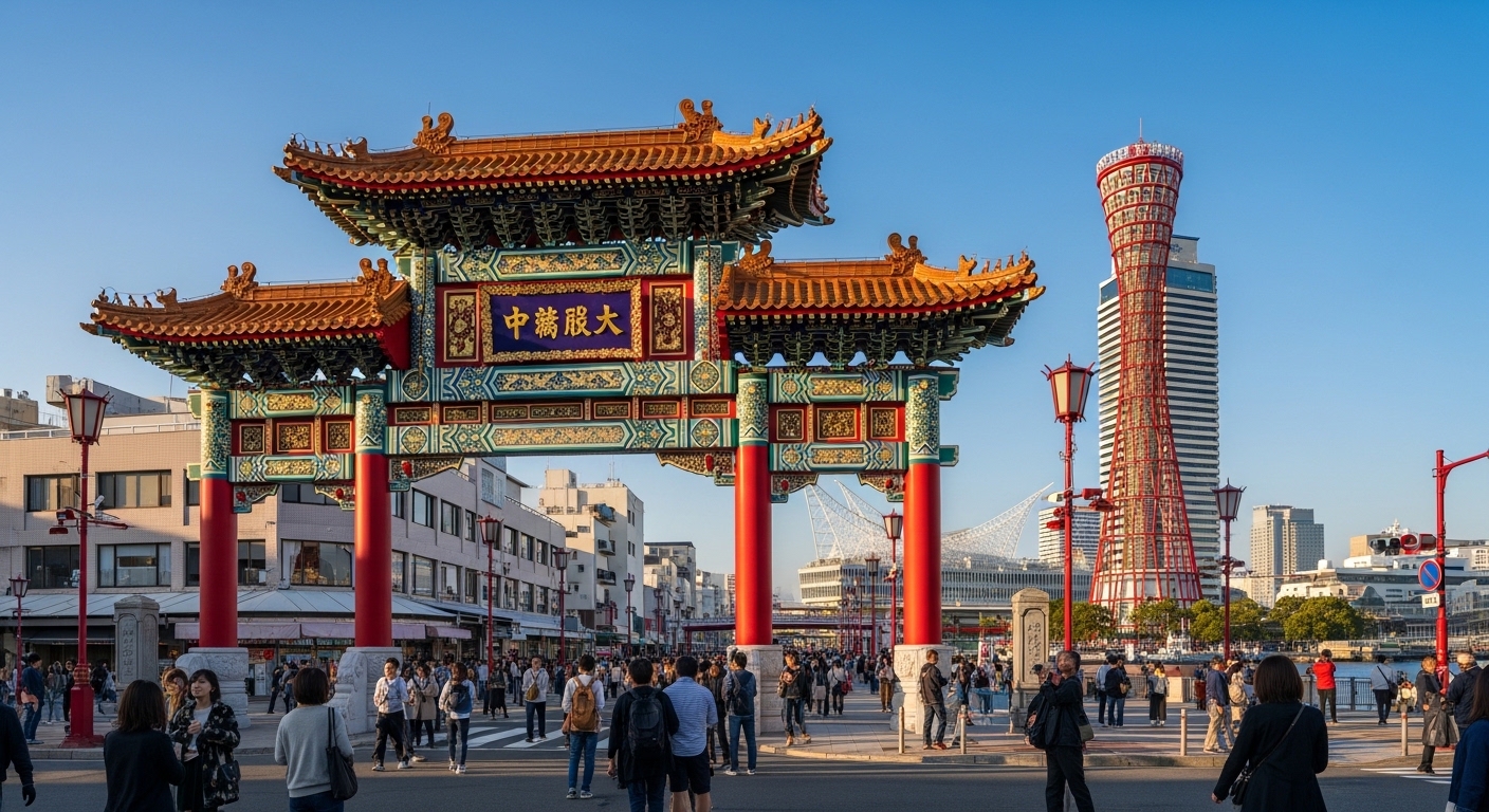 南京町の周辺観光を象徴する長安門と背景に見える神戸ポートタワーの風景
