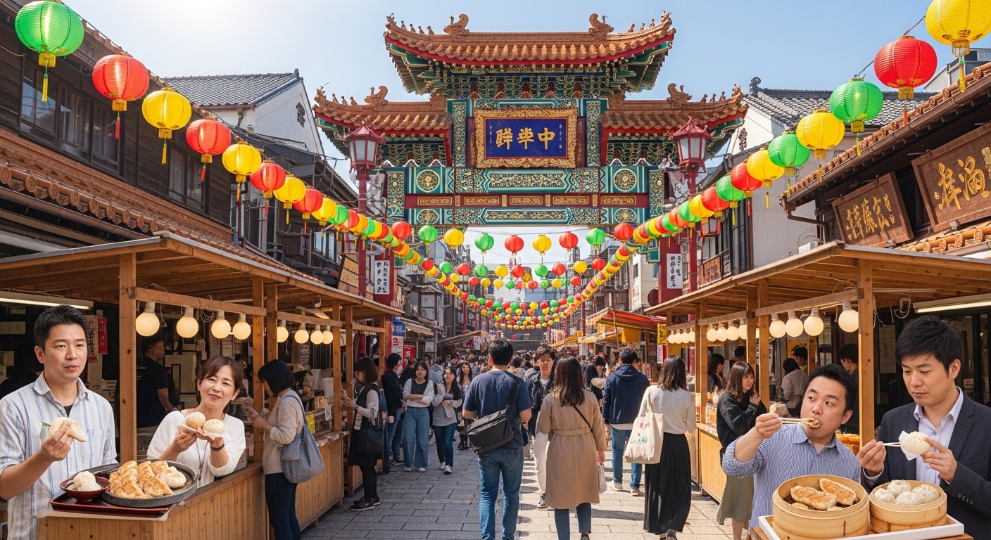 南京町の食べ歩きを象徴する赤い楼門と活気あふれる屋台グルメの風景