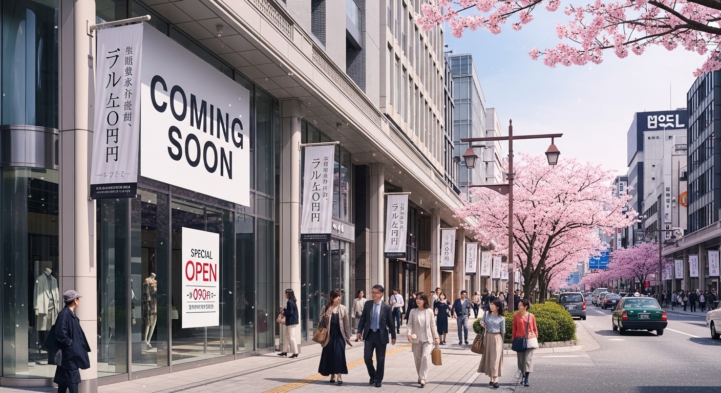 姫路の街角で新しいお店のオープンを知らせる「姫路開店・閉店情報」を象徴する風景