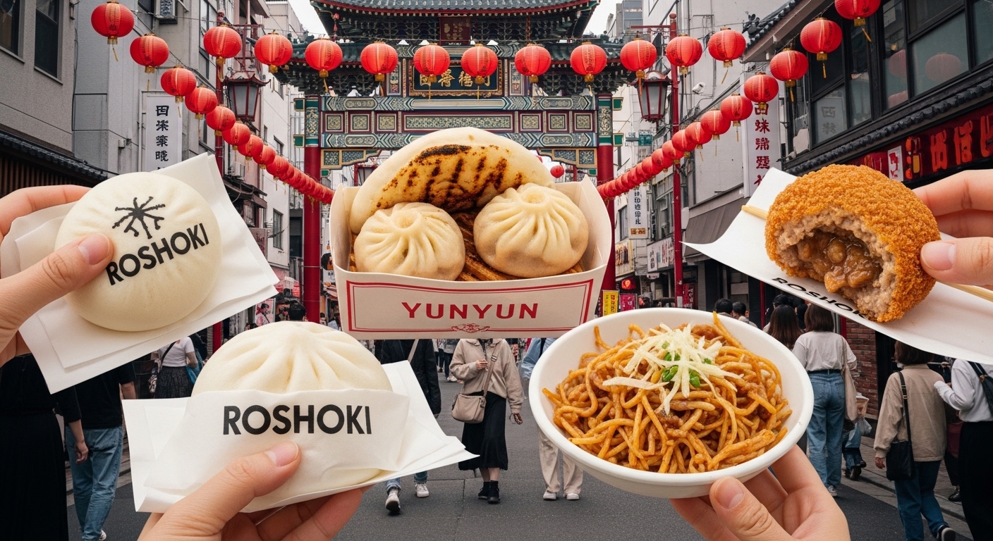 神戸の食べ歩きランキングで人気の、南京町（中華街）の赤い楼門をバックに豚まんやコロッケを持つ人々の賑やかな風景