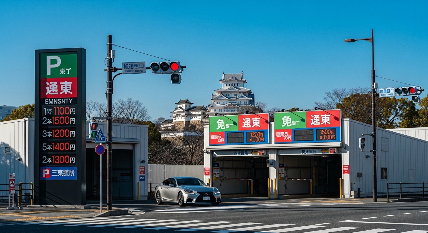 姫路駅周辺の土日が安い駐車場の看板と遠くに見える白鷺城の風景