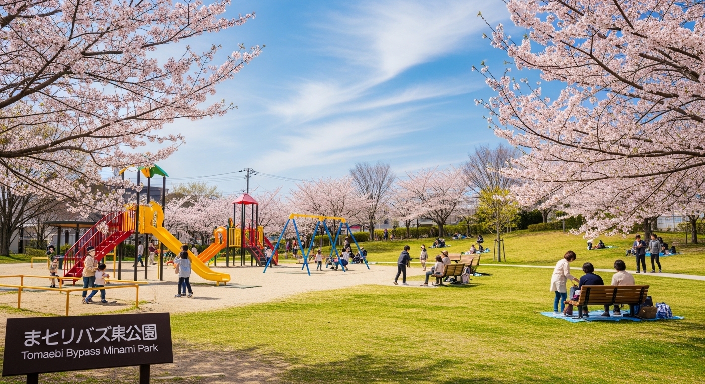 青空の下で遊具と緑が広がる姫路市の苫編バイパス南公園の風景