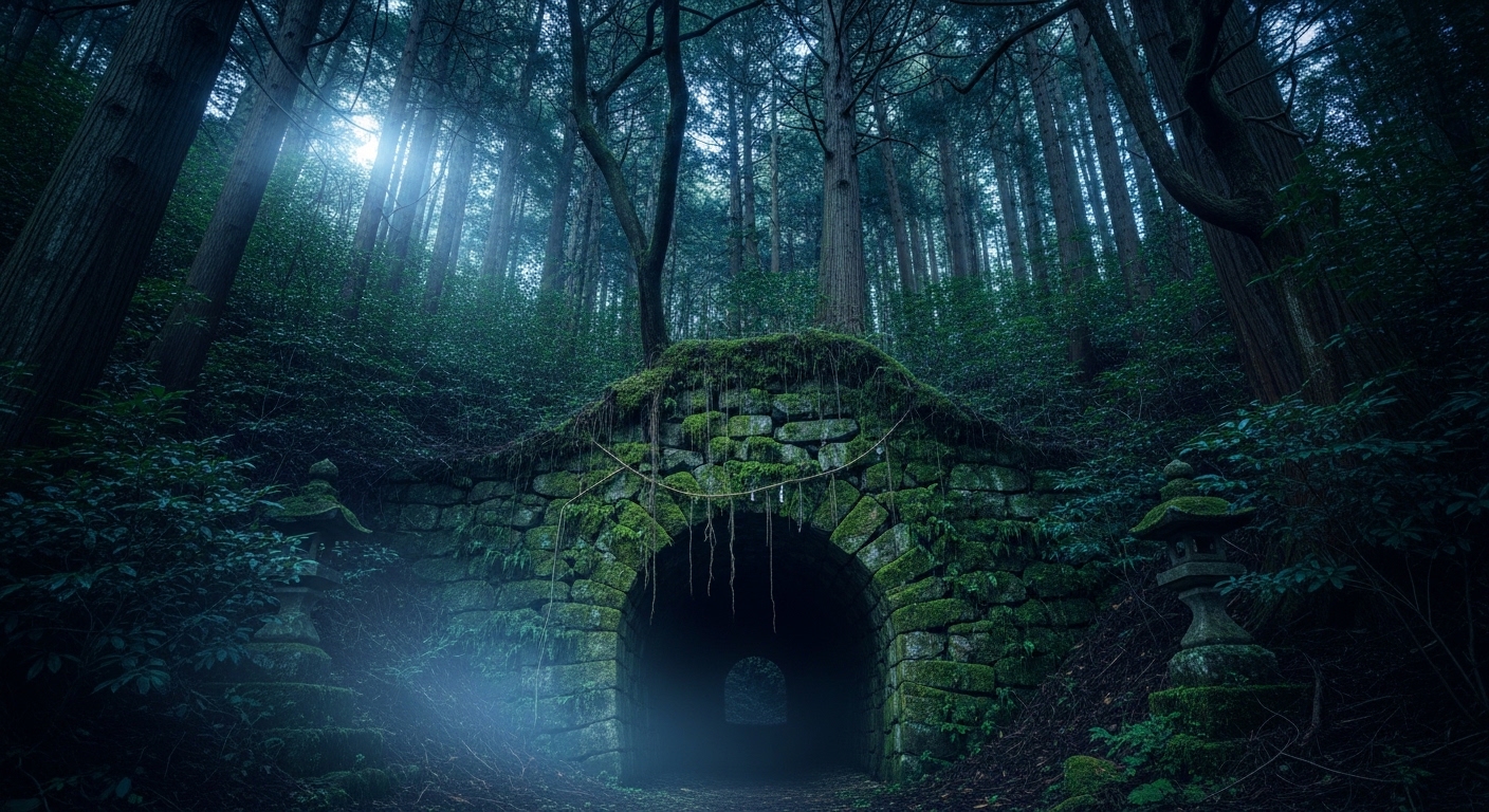 兵庫県の心霊スポットを連想させる、夜の森にひっそりと佇む不気味なレンガ造りのトンネル