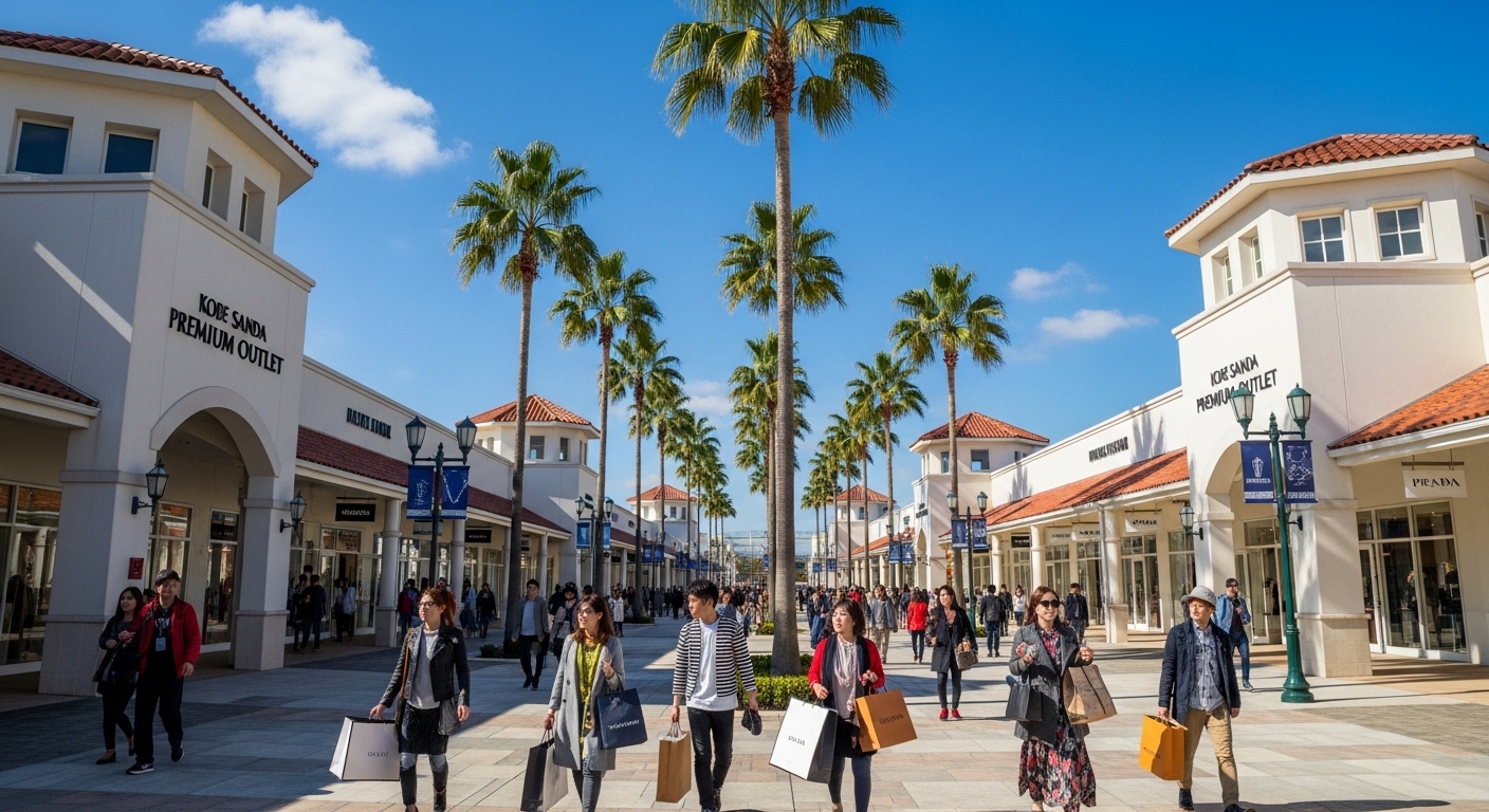 三田アウトレットのおすすめブランドのショップが並ぶ、ロサンゼルス風の街並みが美しい神戸三田プレミアム・アウトレットの風景