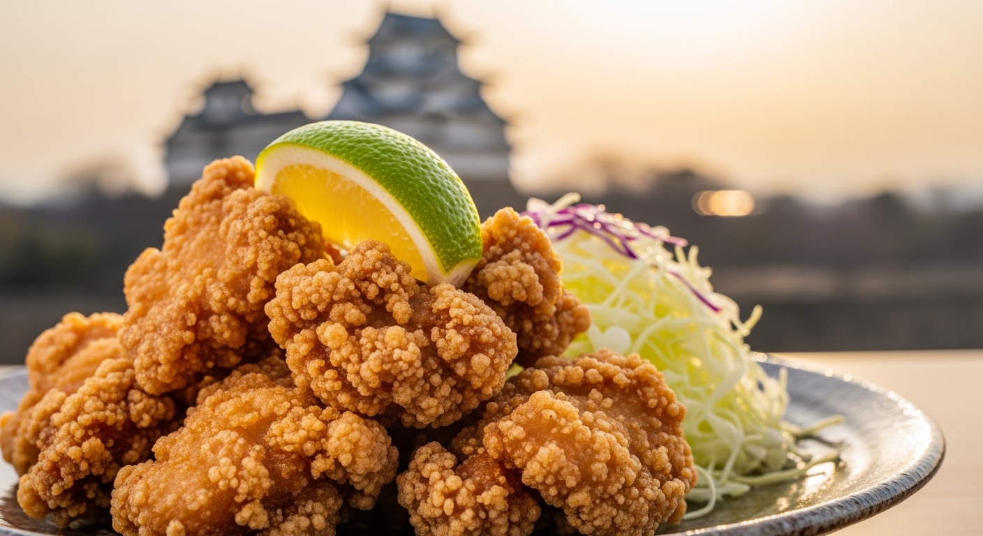 姫路の唐揚げの名店をイメージした、黄金色に輝くサクサクの鶏の唐揚げ定食