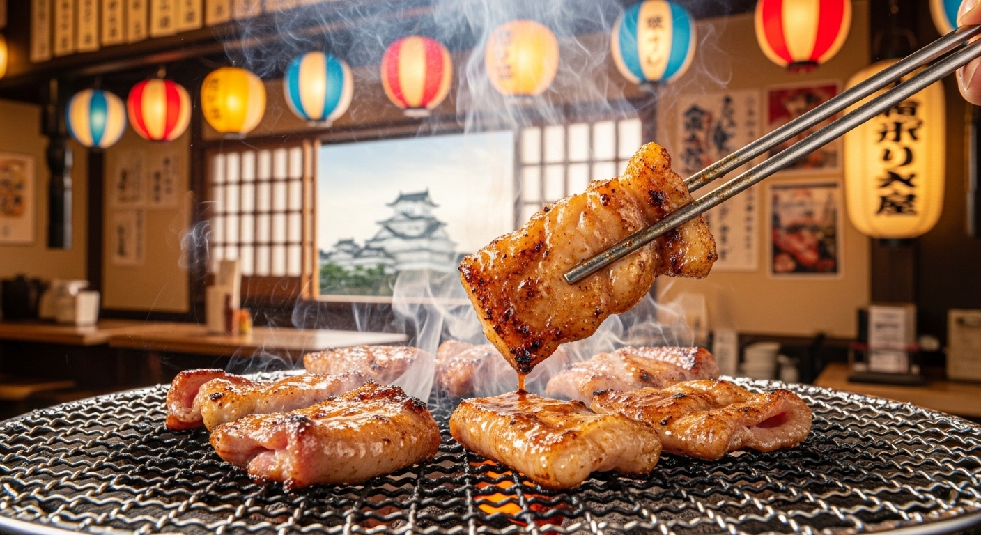 姫路のホルモン文化を象徴する、炭火で焼かれ香ばしい煙を上げるコロホルモンと、窓の外に見える姫路城の風景