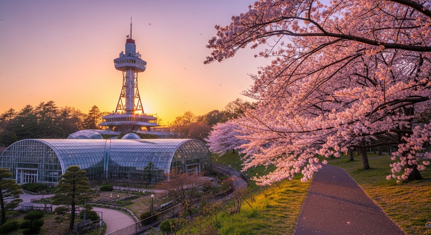 手柄山遊園の跡地を含む手柄山中央公園のシンボルである回転展望台と緑豊かな風景
