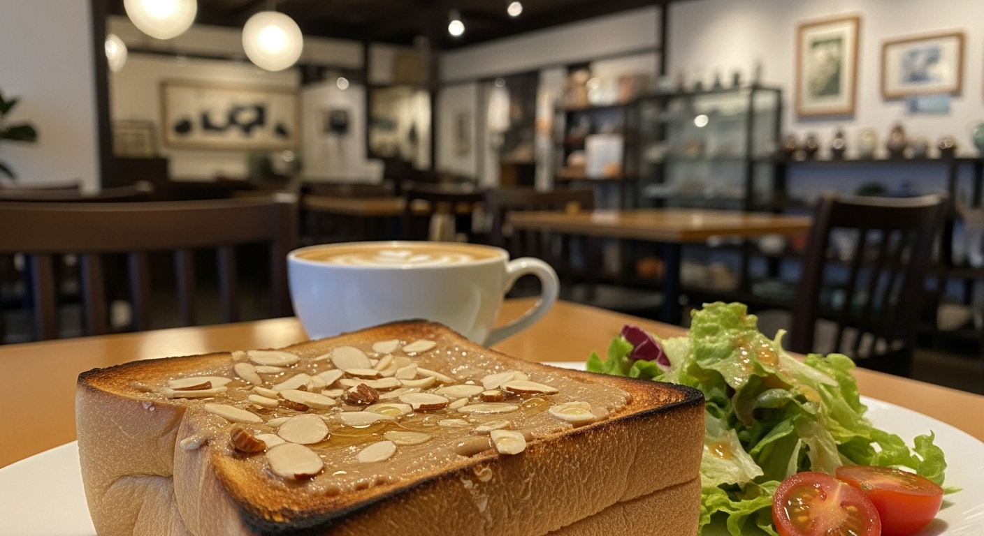 姫路駅周辺の朝ごはんで人気の、厚切りアーモンドトーストとコーヒーのセット