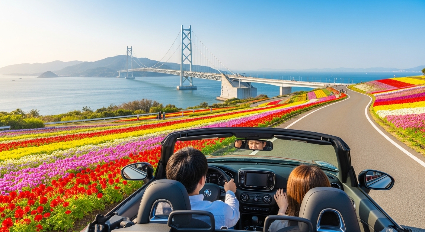 淡路島観光モデルコースの定番、明石海峡大橋とあわじ花さじきの色彩豊かな風景
