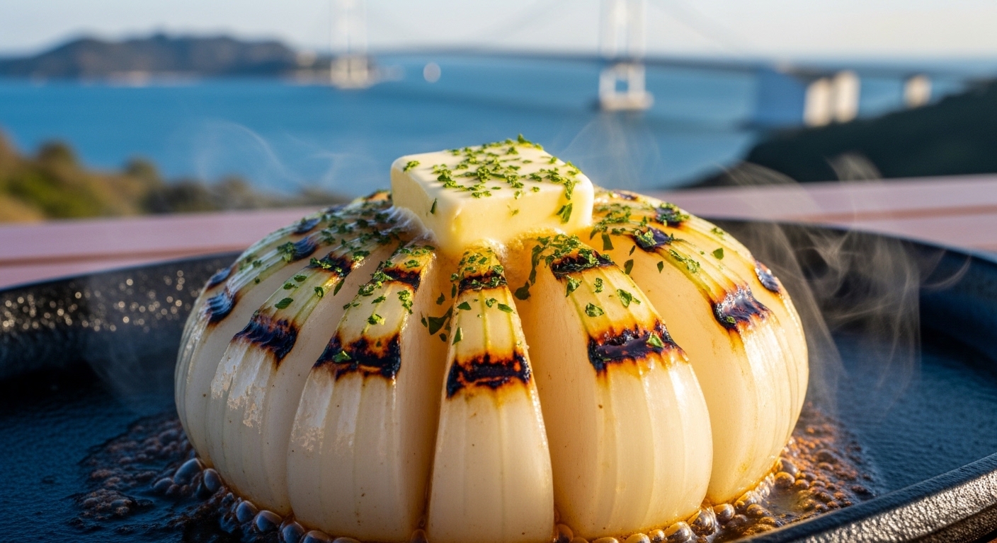 淡路島のたまねぎ料理を代表する、鉄板でじっくり焼き上げられた甘みたっぷりの玉ねぎステーキ