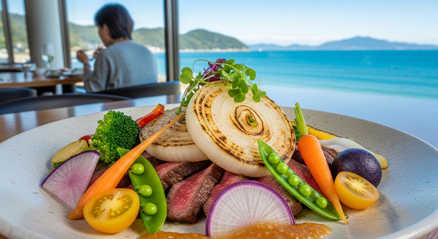 淡路島の地産地消レストランで提供される、淡路牛と新鮮な玉ねぎをふんだんに使った贅沢な一皿