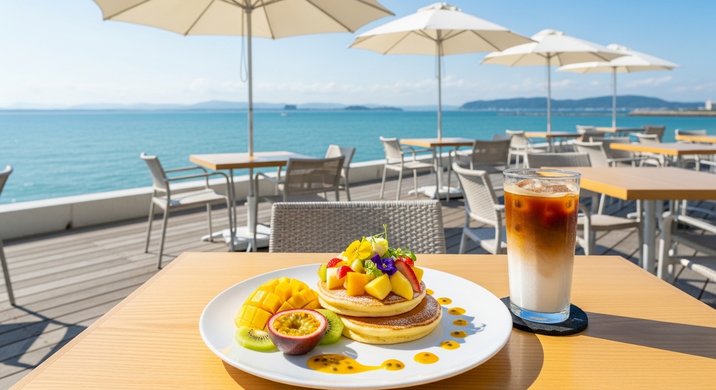 淡路島のおしゃれカフェを象徴する、エメラルドグリーンの瀬戸内海を一望できる開放的なテラス席と豪華なスイーツ