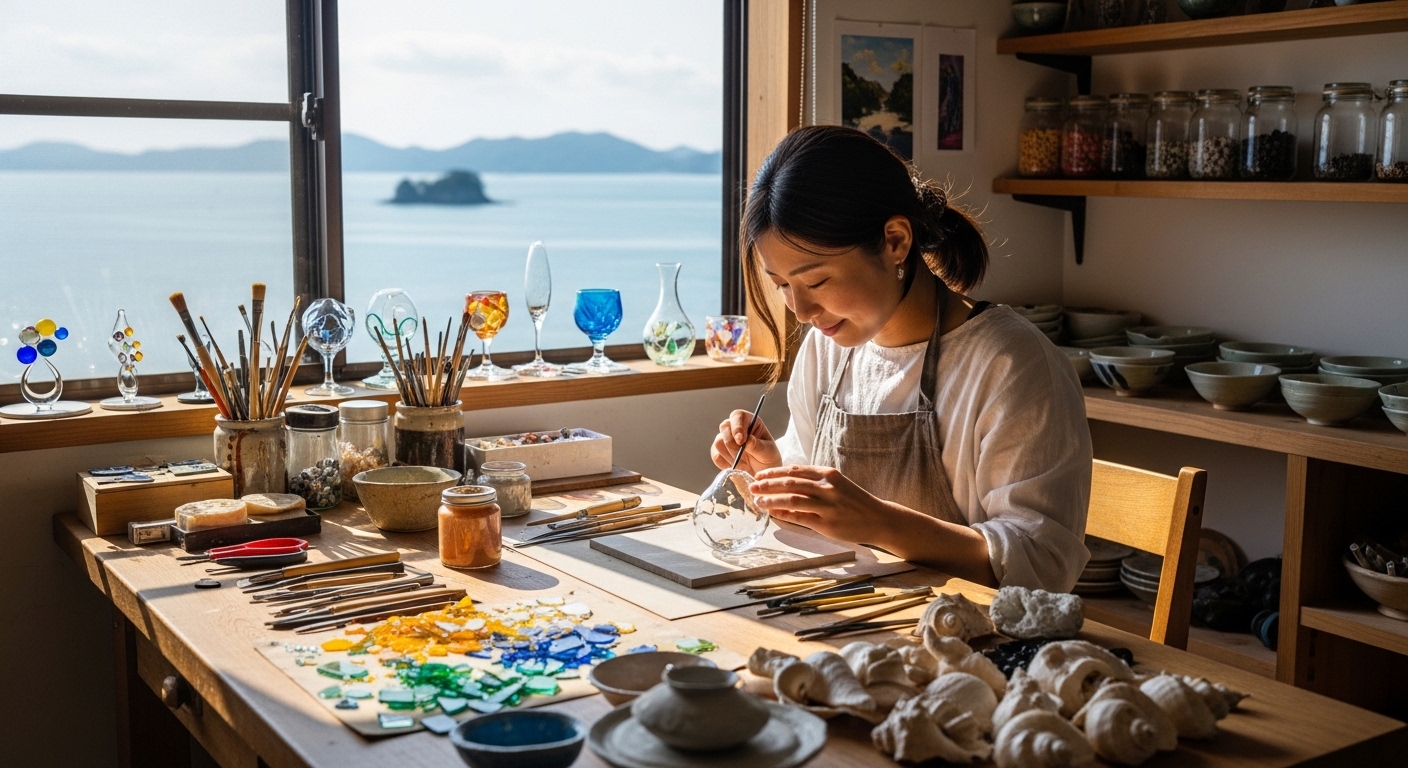 淡路島のハンドメイド体験で、瀬戸内海の見える工房にて真剣に作品作りに取り組む日本人女性