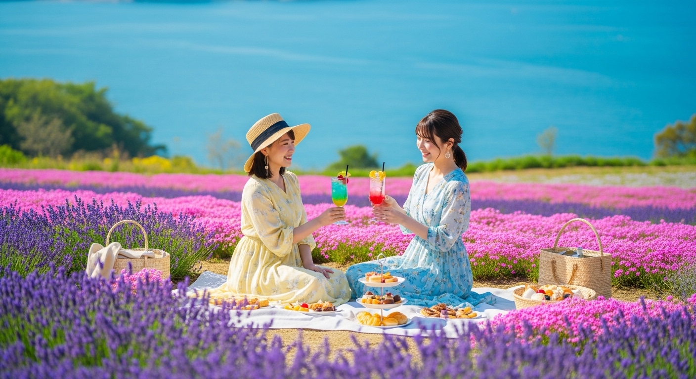 淡路島の女子旅モデルコースをイメージした、青い海と花畑をバックに楽しそうに過ごす日本人女性二人組