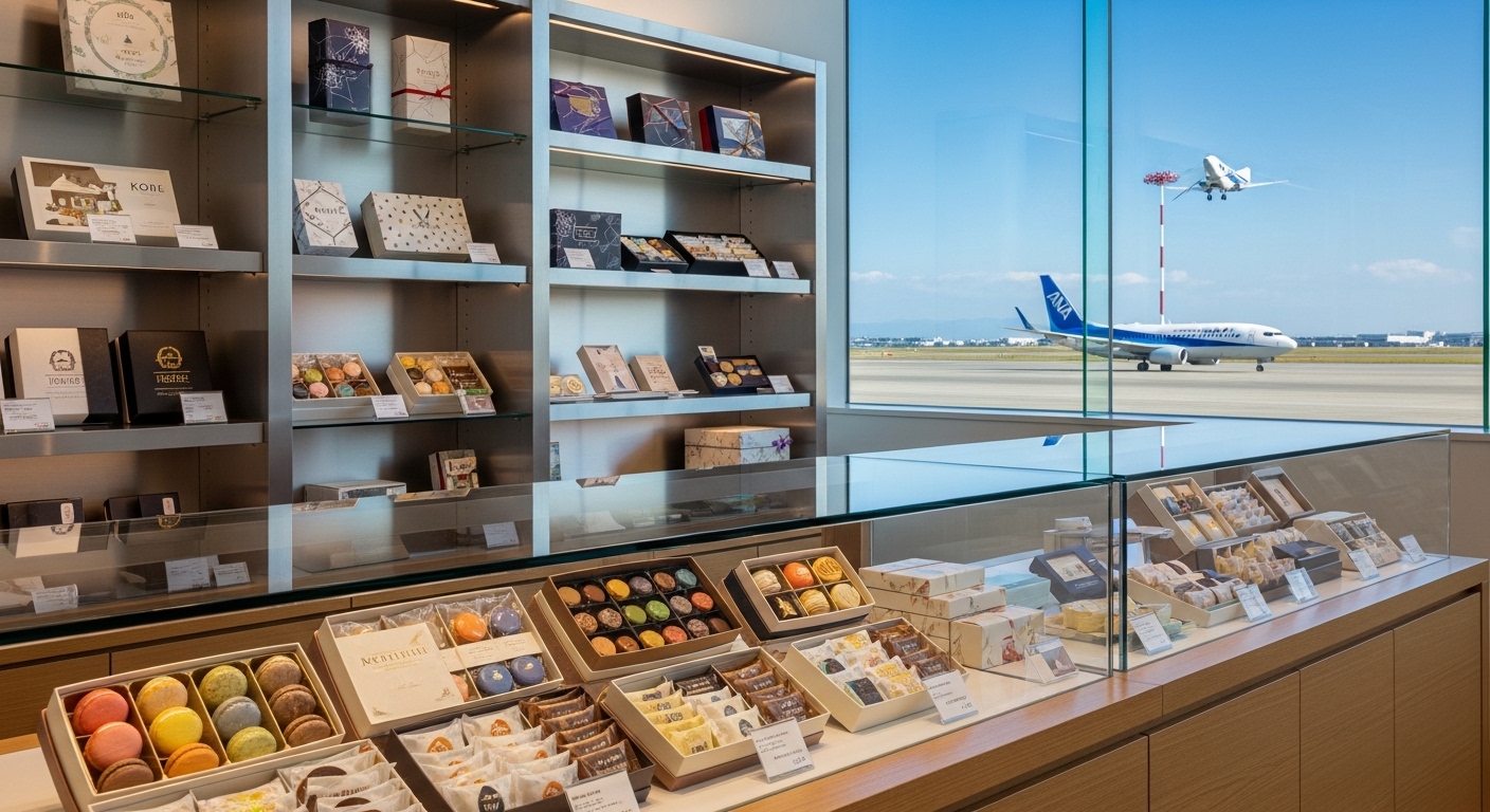 神戸空港のお土産ショップに並ぶおしゃれなスイーツギフトと窓の外に見える飛行機