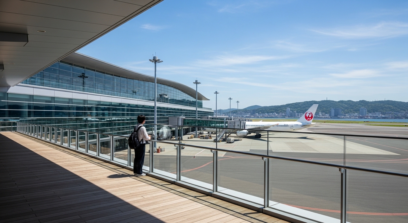 神戸空港の展望デッキから離着陸する飛行機を眺める暇つぶし風景