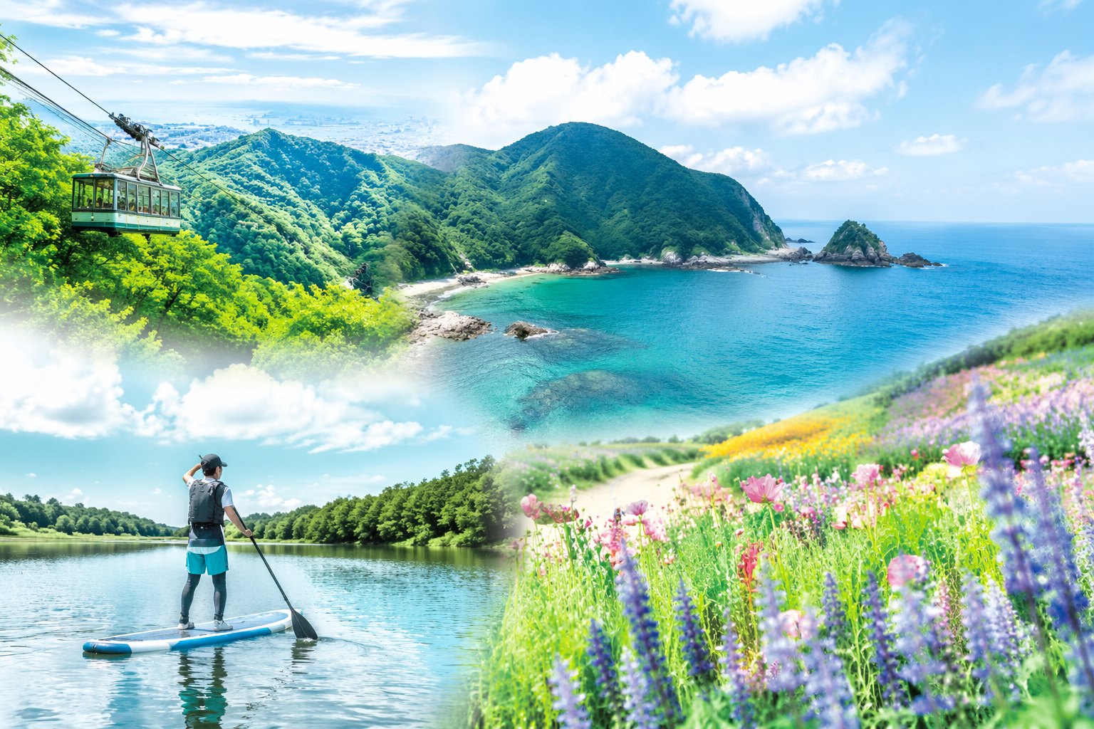 海と山と湖の魅力を一度に味わえる兵庫県の自然体験イメージ