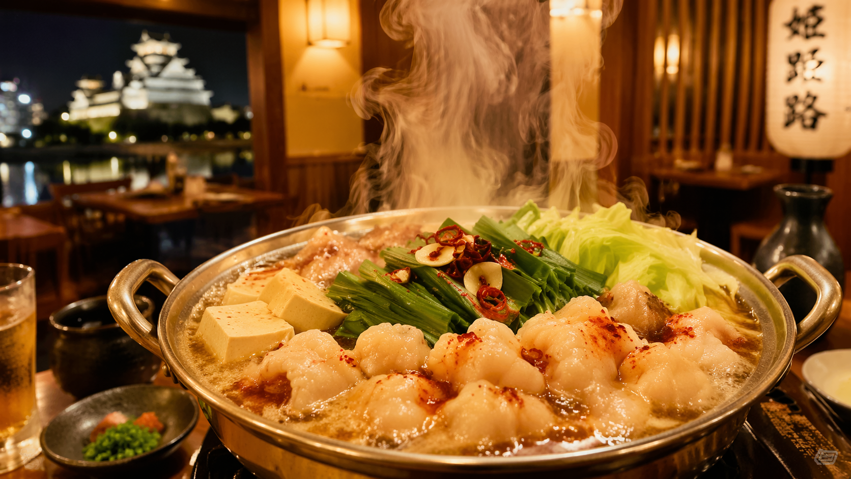 姫路駅近くで楽しむ白だし系と赤系のもつ鍋イメージ