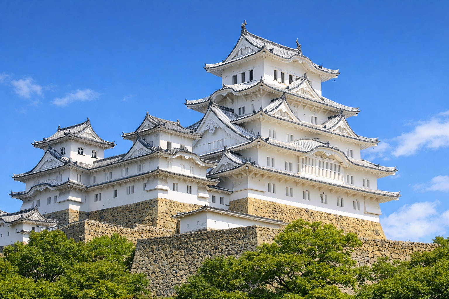 alt: 白く美しい天守群が印象的な姫路城の全景