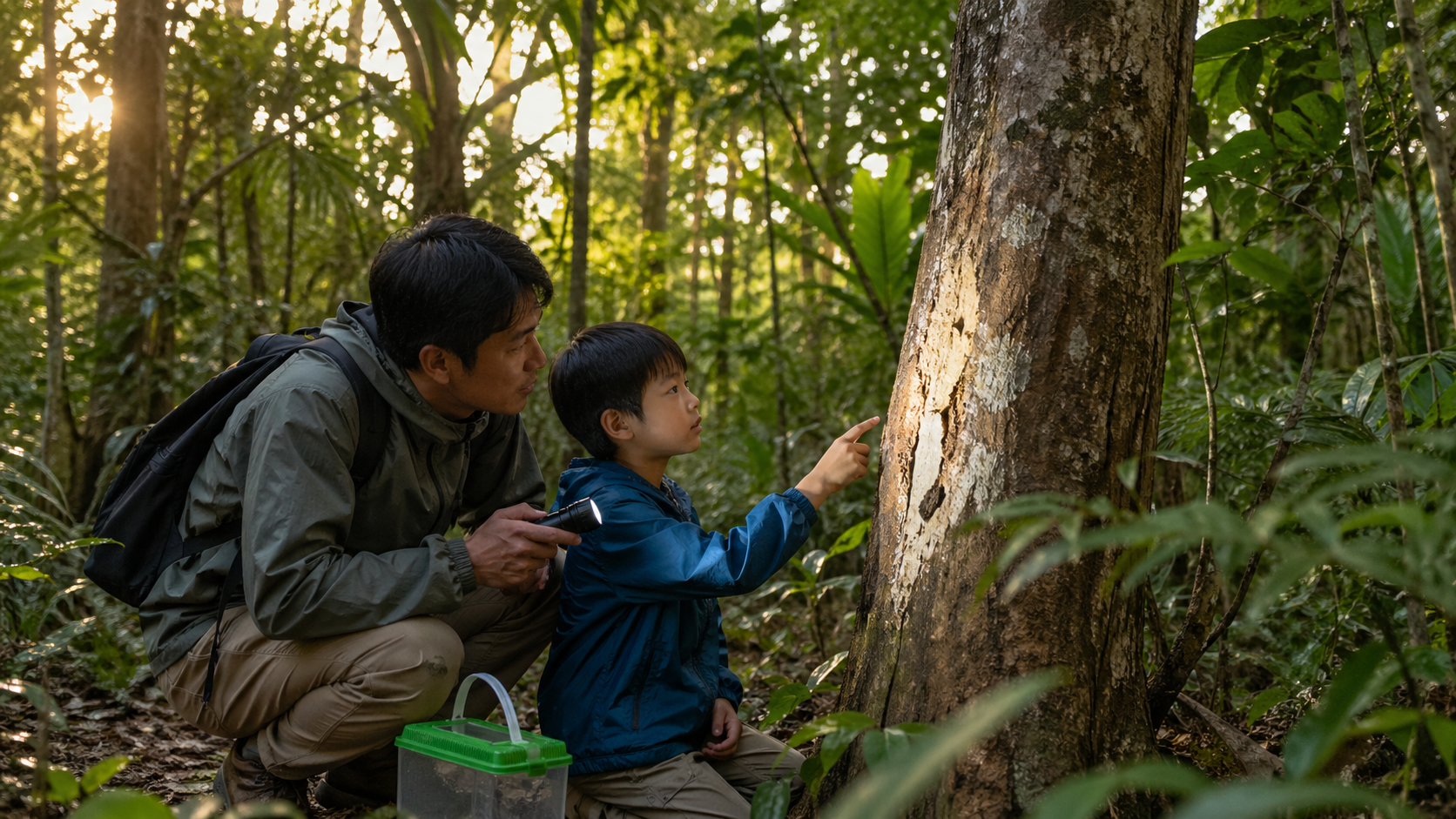 沖縄中部の自然林でクワガタを探す親子の様子