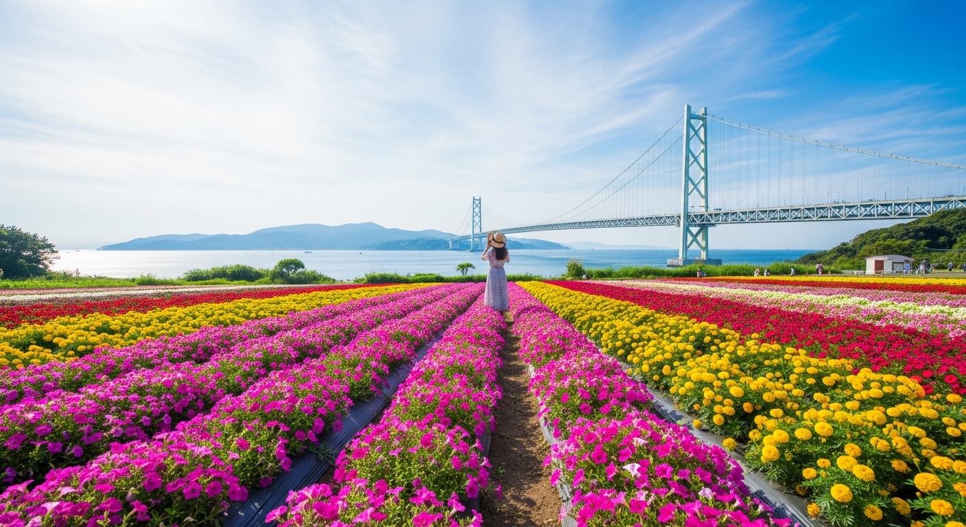 明石海峡大橋を背景に四季折々の花が咲き誇るあわじ花さじきから見た淡路島の絶景スポット。