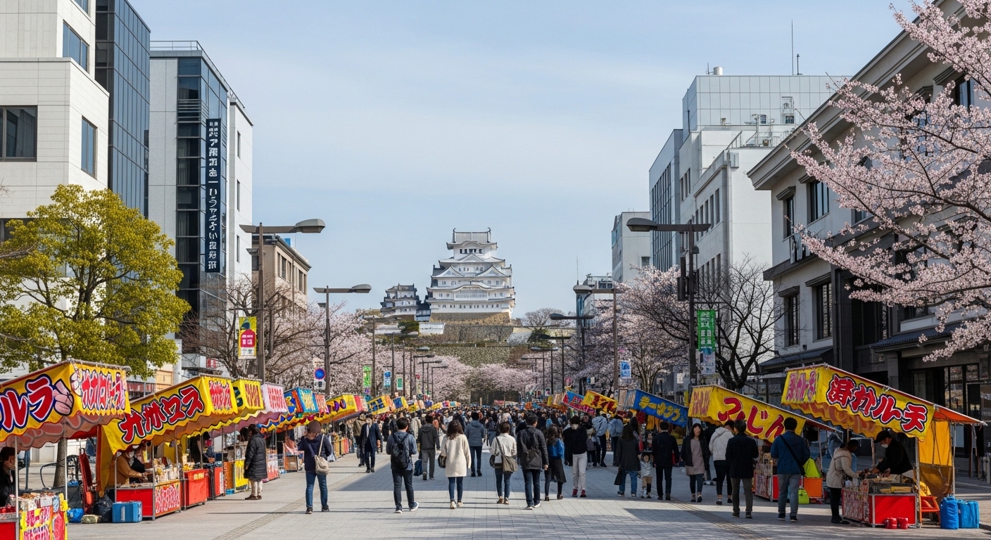 姫路大手前通りの食べ歩きを楽しむ観光客と背景にそびえる白亜の姫路城