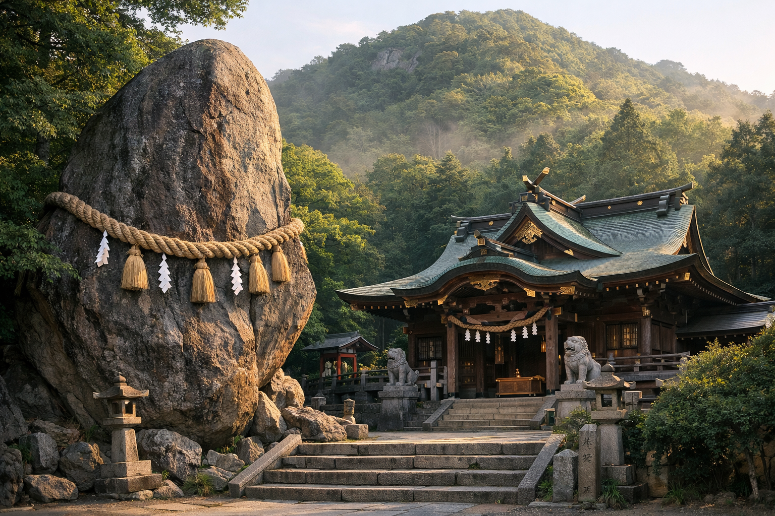 兵庫県姫路市の高岳神社をモチーフにした和風のアイキャッチ画像。落ち着いた朝の光、神社の社殿と大きな霊岩を印象的に配置し、神秘性と清らかさを感じる構図。観光ポスター風ではなく、WordPressブログのアイキャッチとして使いやすい自然で上品な雰囲気。文字なし。