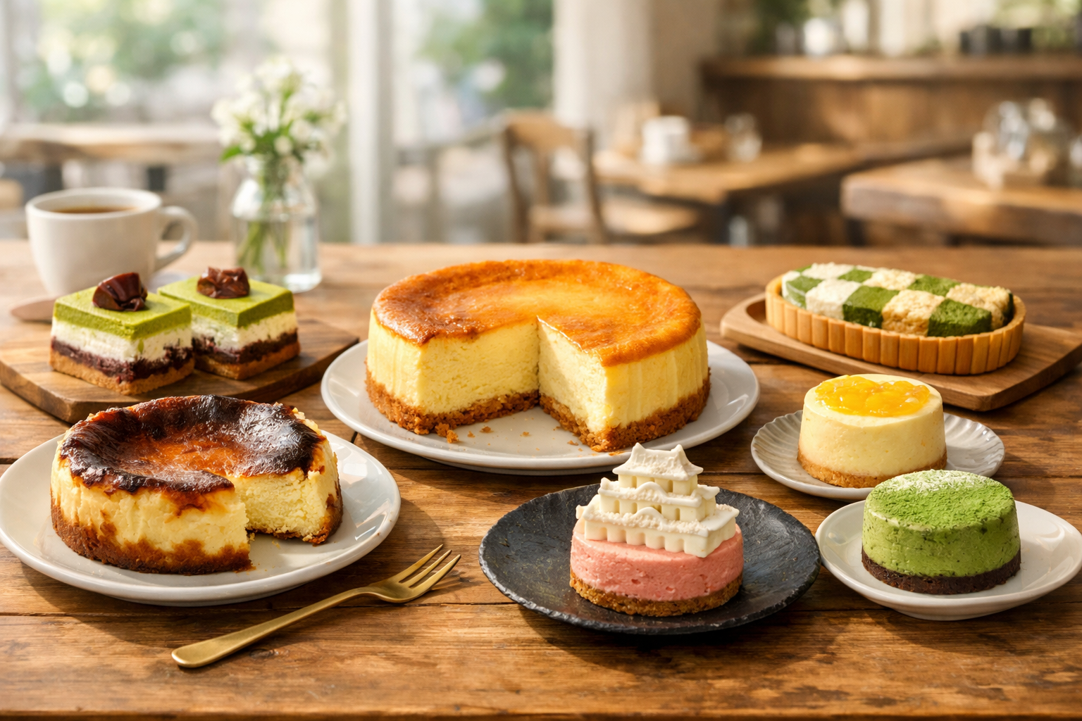 姫路の上品な街歩きを連想させる明るい自然光の中で、木製テーブルに数種類のチーズケーキを美しく並べた横長ビジュアル。バスクチーズケーキ、濃厚ベイクドチーズケーキ、個性派の土産向けチーズケーキをバランスよく配置し、奥行きのあるカフェ風の背景にする。清潔感があり、やわらかく温度感のある雰囲気。文字入れなし。ブログのアイキャッチに使いやすい構図。高解像感、自然な色味、食欲をそそる質感。