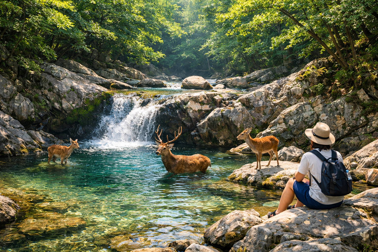 alt: 鹿ヶ壺の清流と岩場で川遊びを楽しむ自然景観
