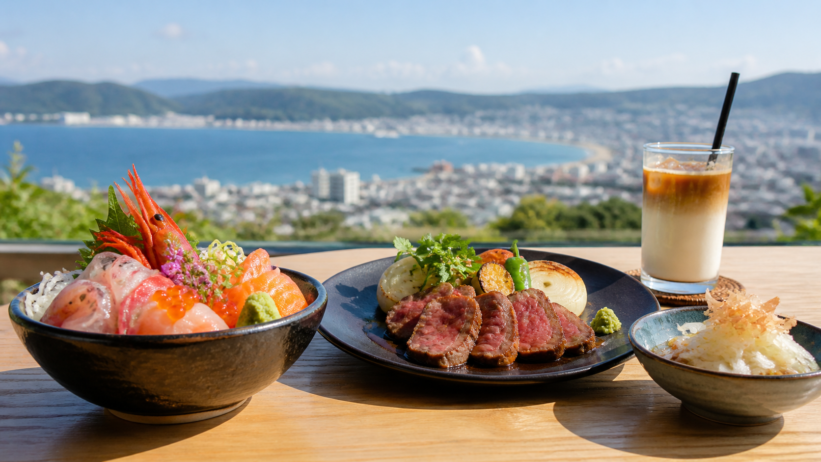 淡路島洲本市のランチで楽しめる海鮮と淡路牛の料理イメージ