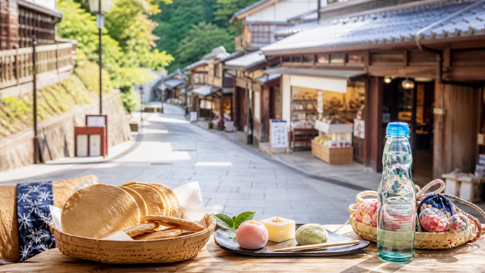 有馬温泉のお土産として人気の炭酸せんべいや和菓子が並ぶ温泉街の店頭