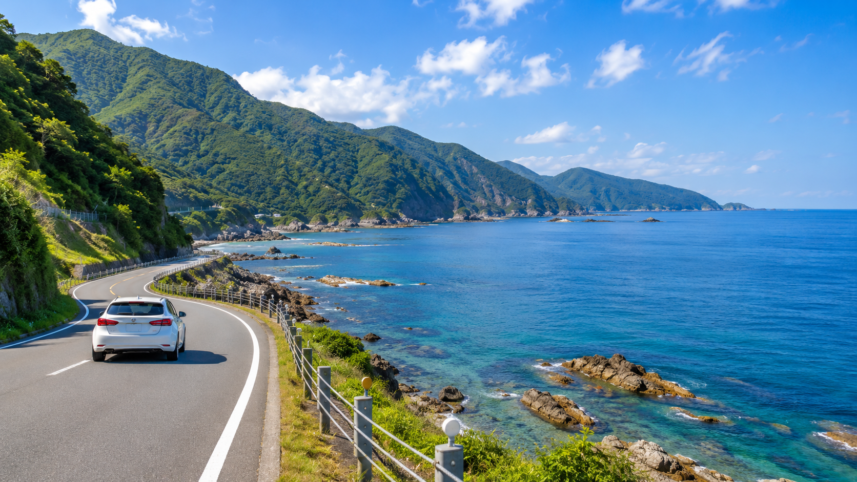 山陰海岸 ドライブで日本海沿いを走る車と青い海