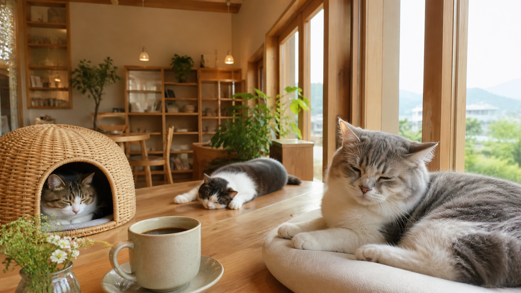 淡路の猫カフェでくつろぐ猫と落ち着いたカフェ空間