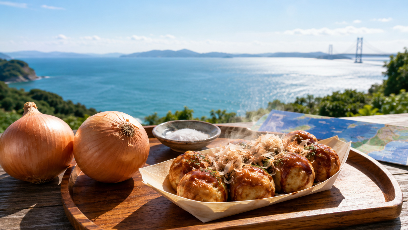 淡路島のたこ焼きと海を背景にした観光グルメのイメージ